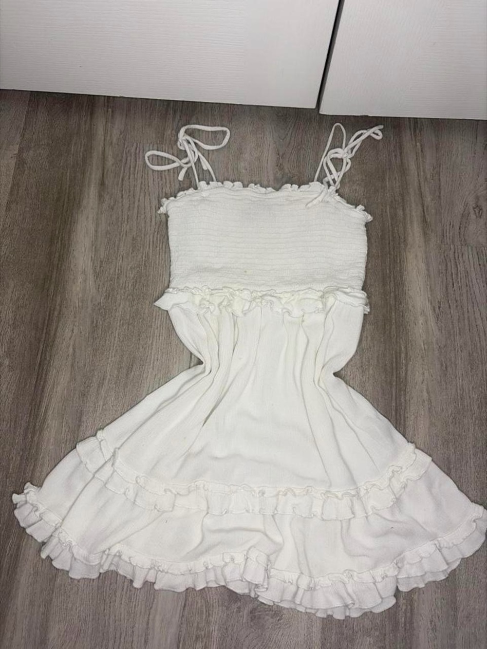Girls White Ruffle Sundress with Smocked Bodice